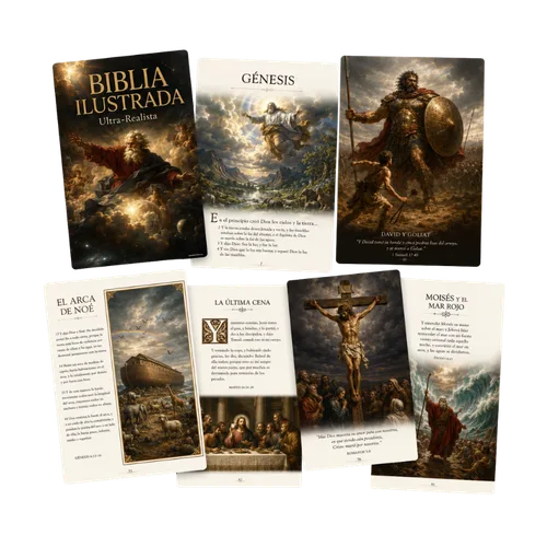 Biblia Ilustrada Ultra-Realista — Génesis, David y Goliat, Arca de Noé, Última Cena, Crucifixión, Moisés y el Mar Rojo